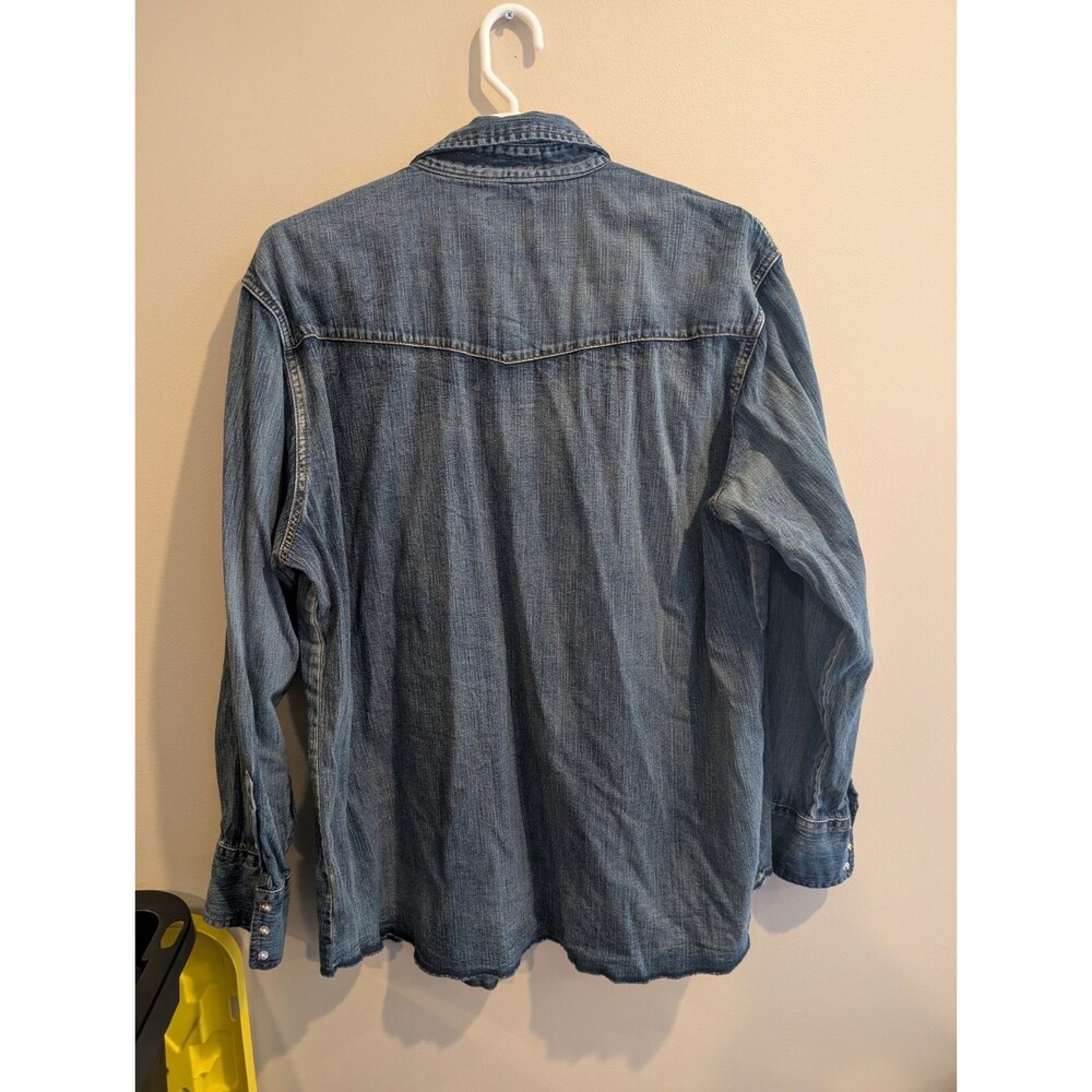 Wrangler XxL Western Denim Pearl Snap Shirt Raw Hem Blue Summer Chore 2xl - Picture 8 of 8